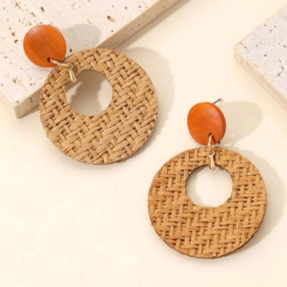 Woven Rattan and Wood Round Drop Earrings